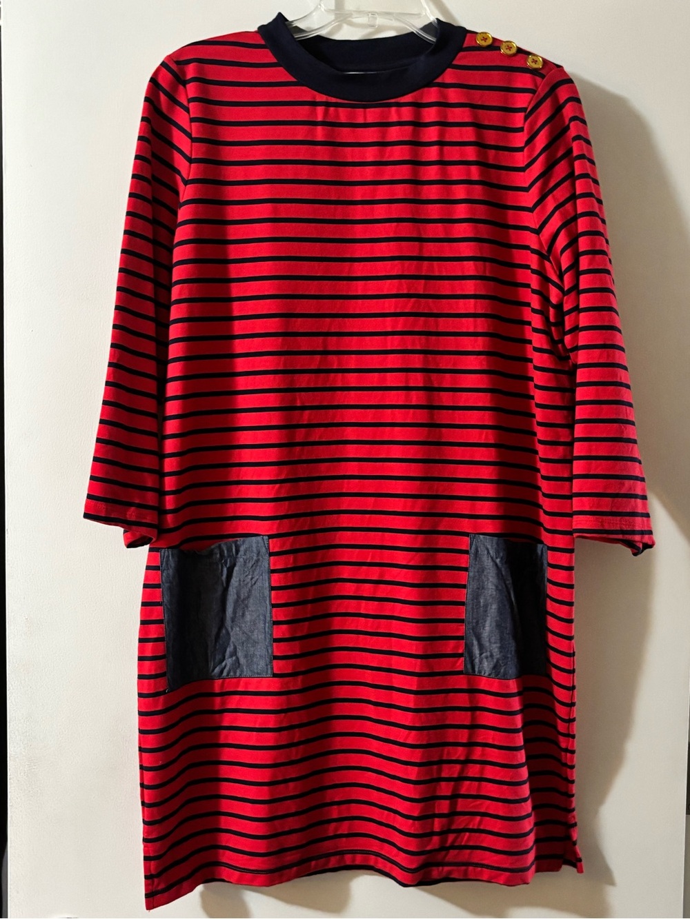 Crown & Ivy Red Navy Striped Pocket Dress Size Large Gold Shoulder Buttons